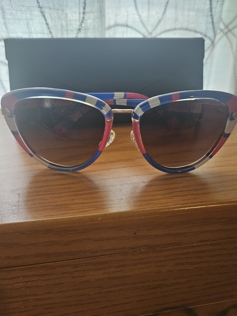 Striped Cat-Eye Sunglasses in Blue, Pink & White